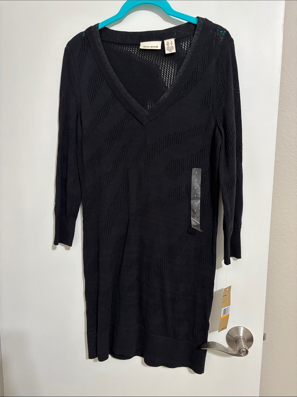 NWT DKNY Black Open-Knit V-Neck Top